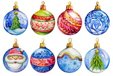 set of hand painted watercolor christmas balls. festive decorations with patterns, symbols of the new year and winter.
