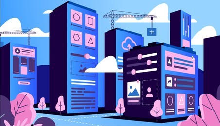 illustration of the city with interface elements in flat style