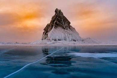 rock on freeze water lake, baikal russia winter season natural landscape background