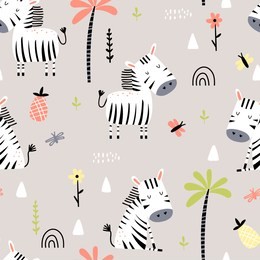 kids seamless pattern with cute zebras, palm trees and flowers on a beige background. funny vector illustration.
