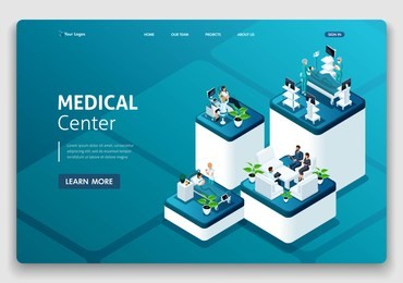 template website landing page isometric concept of hospital work, maternity ward, work with patients, doctors and surgeons.. easy to edit and customize