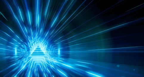 abstract triangle light corridor. futuristic tunnel. future interior background, business, sci-fi science concept. 3d rendering