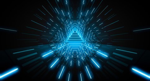 abstract triangle light corridor. futuristic tunnel. future interior background, business, sci-fi science concept. 3d rendering