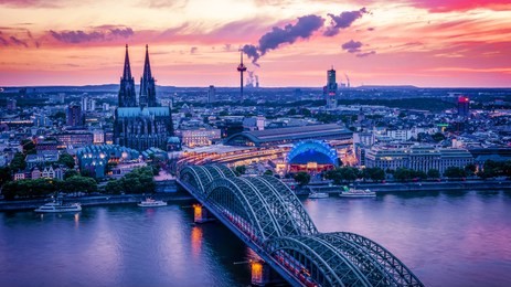 cologne skyline during sunset ,cologne bridge with cathedral germany europe