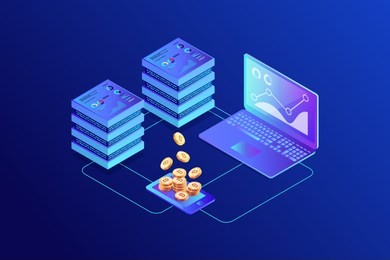 isometric concept of mining bitcoin using laptop, servers, tablet. earning cryptocurrency with mobile device. analysis and statistics. 3d gold bitcoins. web background. vector illustration.