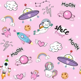 space objects with space animals seamless pattern on pink background
