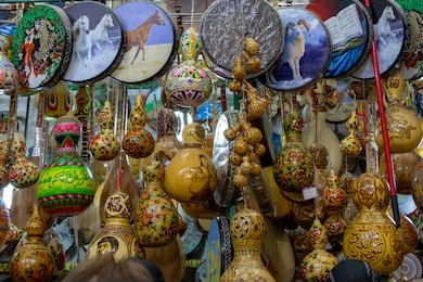 traditional musical drum, gourd and stringed instruments on display in grand bazaarin urumchi, xinjiang autonomous region, china.