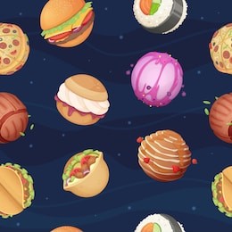 food planets pattern. fantastic space world with sweets fast food burger pizza sushi glossy stars sky vector seamless background. illustration of space cosmic dream with fast food