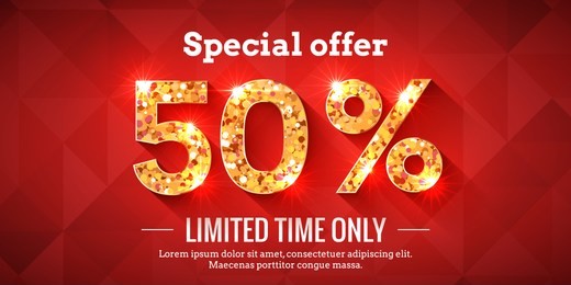 50 percent bright red sale background with golden glowing numbers. lettering - special offer for limited time only