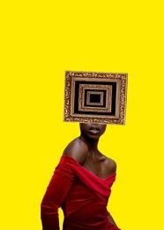 contemporary art collage. black woman with frames as a head.