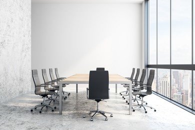 modern meeting room interior with furniture, panoramic city view and daylight. 3d rendering 