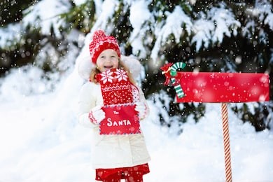 happy child in knitted reindeer hat and scarf holding letter to santa with christmas presents wish list at red mail box in snow under xmas tree in winter forest. kids sending post to north pole.