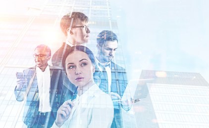 diverse business team members with gadgets in morning city. business lifestyle concept. toned image mock up double exposure