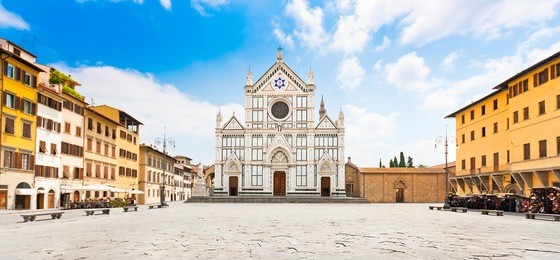 panoramic view of piazza santa croce with famous basilica di santa croce in florence, tuscany, italy
