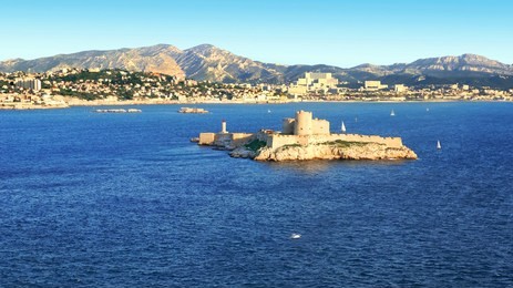 aerial view of chateau d'if and the coast in marseille, france.             
