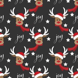 deer santa claus with star and joy text seamless pattern. cute christmas holidays cartoon character background.