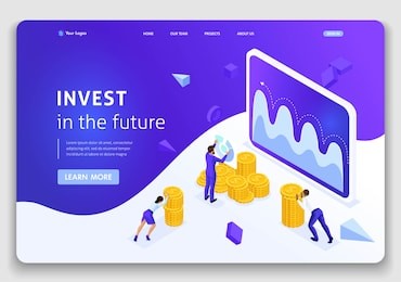 website template landing page isometric concept investment management, businessmen carry money to invest. easy to edit and customize