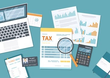 tax payment concept. state government taxation, calculation of tax return. tax form with paper documents, forms, calendar, laptop, calculator. pay the bills, invoices, payrolls. vector illustration.