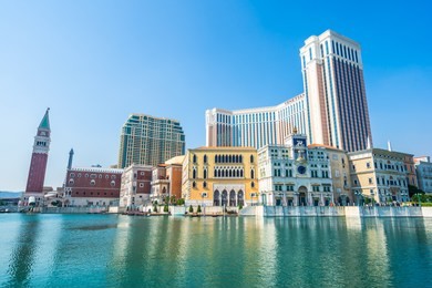 beautiful architecture building of venetian and other hotel resort and casino in macau city at night