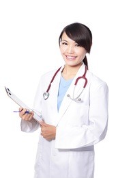 smiling woman doctor holding clipboard isolated on white background, model is a asian beauty