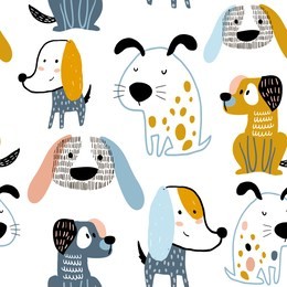 childish seamless pattern with funny creative dogs. trendy scandinavian vector background. perfect for kids apparel,fabric, textile, nursery decoration,wrapping paper