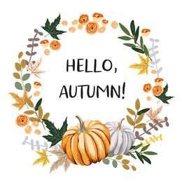 hello autumn wreath design template print with orange, gray pumpkin, maple leaves. vector halloween illustration. october harvest background. organic vegetable garden food. nature design. fall season