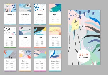 calendar 2019. cute printable creative template with floral elements