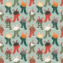 cute christmas and happy new year cats with scarfs on falling snow background, seamless vector repeat pattern. trendy flat style. great for fabrics, scrapbooking, wrapping paper, cards, wallpaper etc.