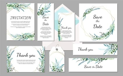 set wedding invitation vintage card with leaves and geometric frames. vector illustration