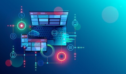 creation responsive internet website for multiple platforms. building mobile  interface on screen of laptop, tablet, smartphone. layout content on display devices. conceptual banner of web technology.