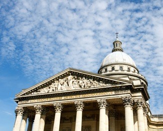 color dslr image of pantheon in paris, france with a blue sky background.  ancient, landmark monument is popular touist destination. horizontal with copy space for text