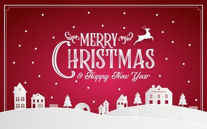 merry christmas and happy new year 2019 of snowy home town with typography font message. red pink paper art and digital craft illustration vector celebrate invitation wallpaper card. holiday winter