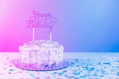 birthday cake with golden topper. birthday party celebration concept. horizontal. modern surreal pop art toning, creative reality concept