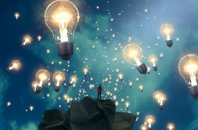 2d illustration. imaginary dreamlike motivational illustration. person dreaming. office.