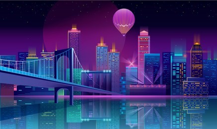 vector concept background with night city illuminated with neon glowing lights. futuristic cityscape in blue and violet colors, panorama with modern buildings, high skyscrapers, urban skyline