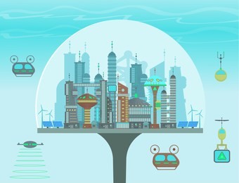 futuristic eco city under the dome in flat cartoon style. panorama of a modern city with modern buildings, futuristic traffic, park with fountain, solar, panels windmills. vector illustration.