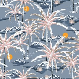 sweet pastel hand drawn and line sketch summer island ,beach and palm trees seamless pattern vector design for fashion,fabric,wallpaper and all prints on the smoke blue color background