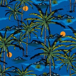 deep ocean blue color in hand drawn and line sketch summer island ,beach and palm trees seamless pattern vector design for fashion,fabric,wallpaper and all prints 