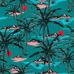 trendy hand drawn and line sketch summer island ,beach and palm trees seamless pattern vector design for fashion,fabric,wallpaper and all prints on dark green ocean background