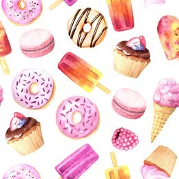 seamless pattern with watercolor hand painted sweet and tasty cakes with berries on it, donuts, macaroons and ice cream on stick. summer delicious dessert background perfect for fabric or scrapbook