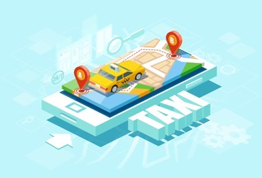 isometric location mobile geo tracking. online taxi oder service app concept. vector of a yellow cab and gps route point pins on smartphone