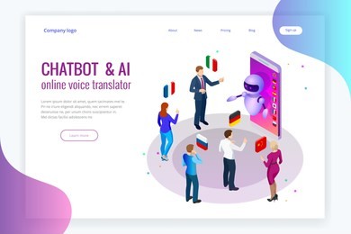 isometric online voice translator and learning languages concept. e-learning, translate languages or audio guide. artificial intelligence chatbot translator.