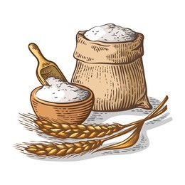 colorfull bag of burlap with fresh flour wooden dish scoop on white background vector illustration