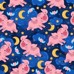vector endless pattern with cute pigs on the night sky with moon, clouds and stars. seamless dark blue contrast backdrop for textiles, wallpapers, web. symbol of the new year.