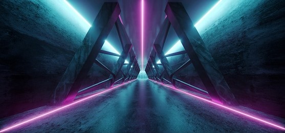 modern futuristic sci fi spaceship triangle dark empty corridor with door and purple and blue neon glowing tube lights reflections background 3d rendering illustration