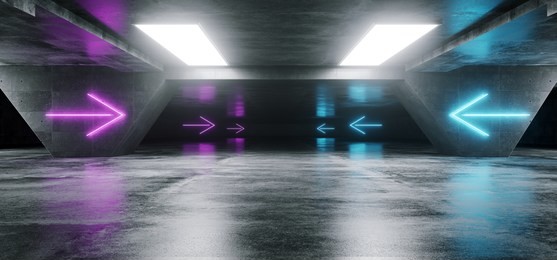 futuristic modern sci fi dark empty grunge concrete underground empty tunnel corridor garage with purple glowing neon tube pointing arrows background 3d rendering  illustration