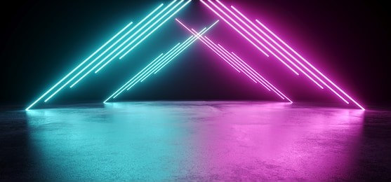 empty modern sci fi futuristic dark room with reflection grunge concrete floor and blue purple neon glowing electric tube triangle shapes lights with black background 3d rendering illustration