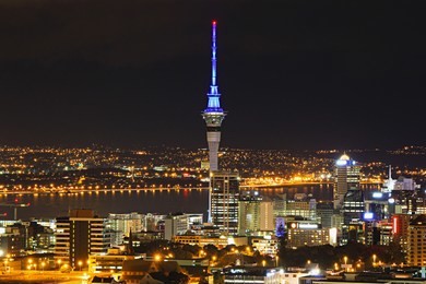 auckland city night view from mt eden, new zealand