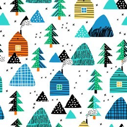 seamless pattern with a mountain landscape, houses and forest. perfect for cards, invitations, wallpaper, banners, kindergarten, baby shower, children room decoration. scandinavian landscape.