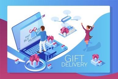 gift delivery landing page, man sending present to woman by drone, 3d isometric vector illustration with people and modern technology devices